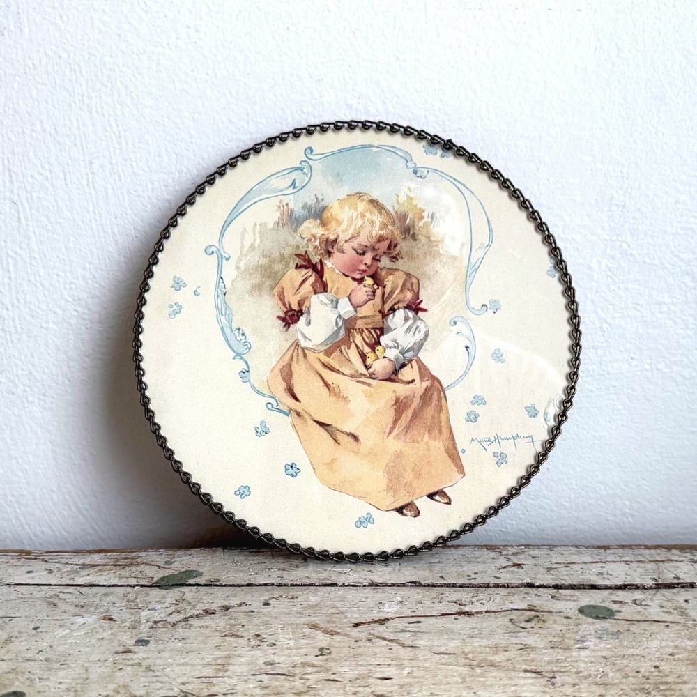 Antique Flue Cover Wall Hanging Stove Pipe Art Girl Yellow Dress Baby Chicks